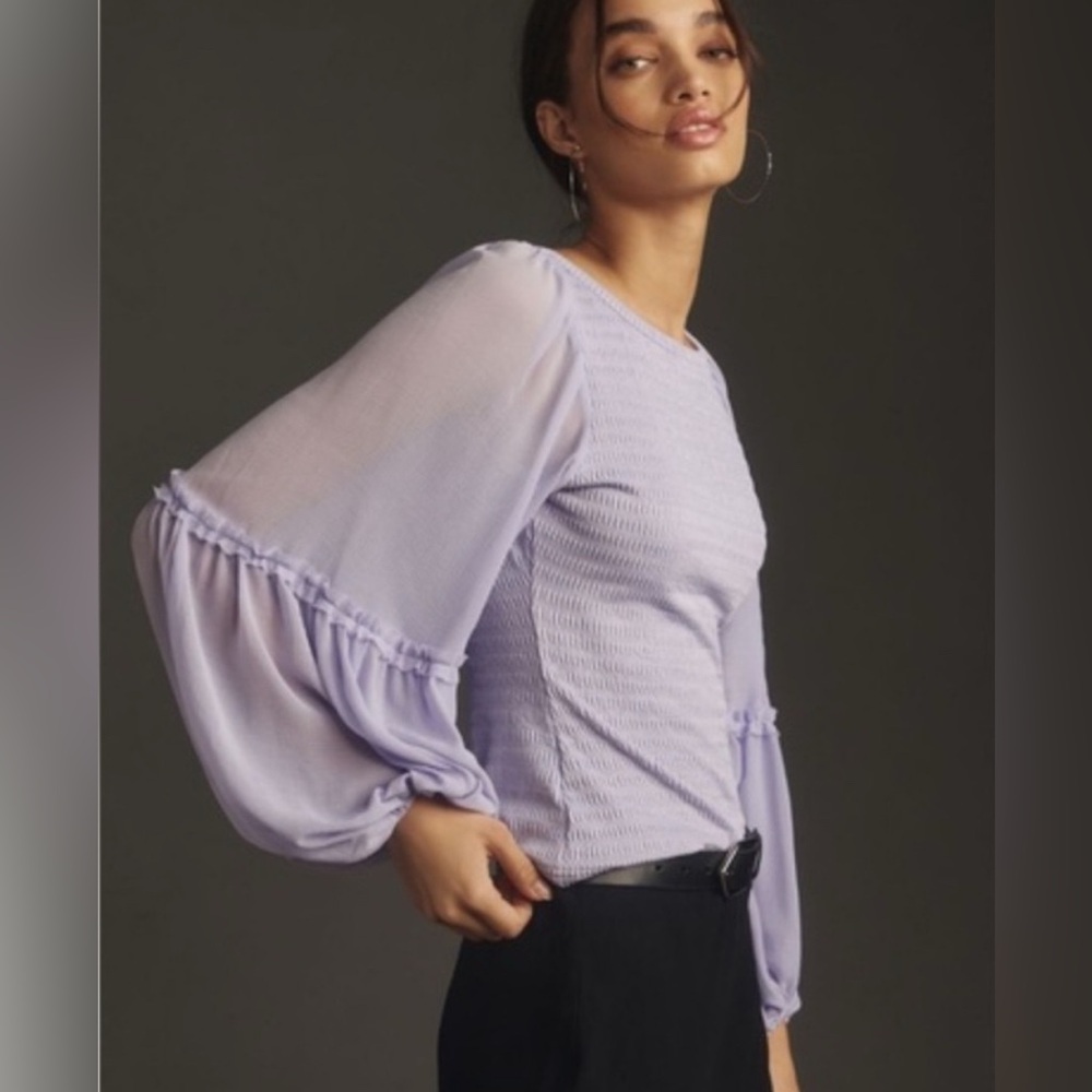 Anthropologie smocked, balloon-sleeved top in lilac/lavendar